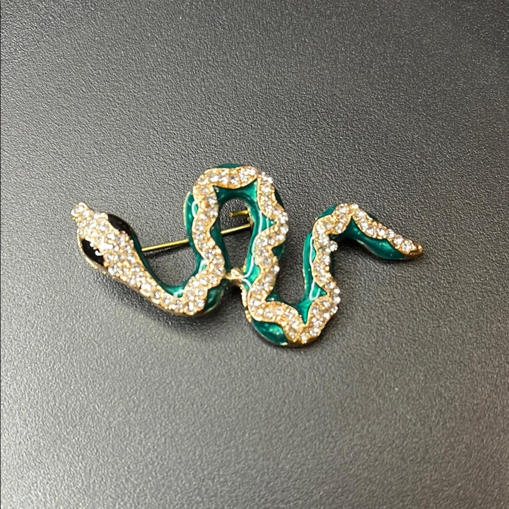 Jeweled Gold and Green Snake Brooch with Enamel